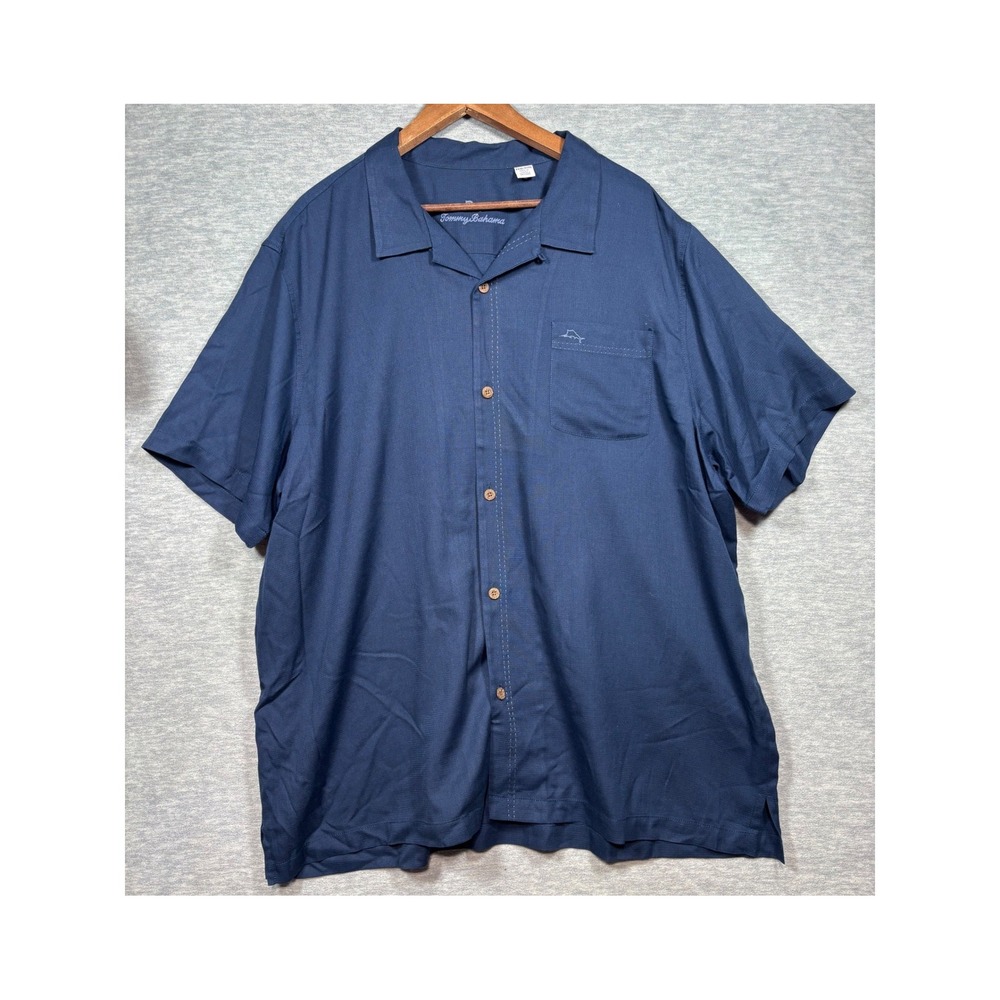 Tommy Bahama Mens 3XL Blue Silk Blend Short Sleeve Camp Shirt Marlin Logo Pocket